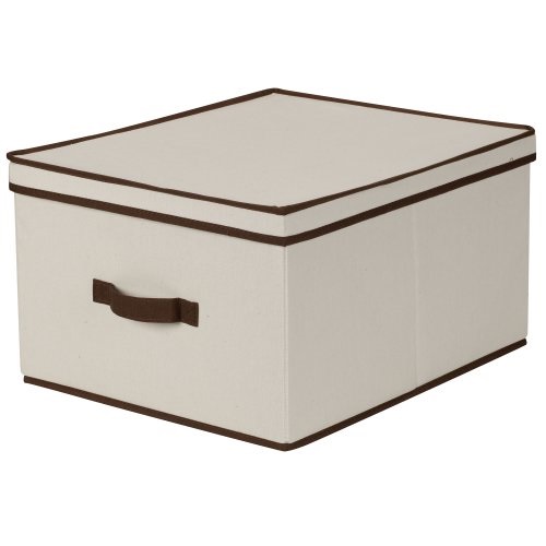 Household Essentials 515 Storage Box with Lid and Handle Natural Beige Canvas with Brown Trim Jumbo