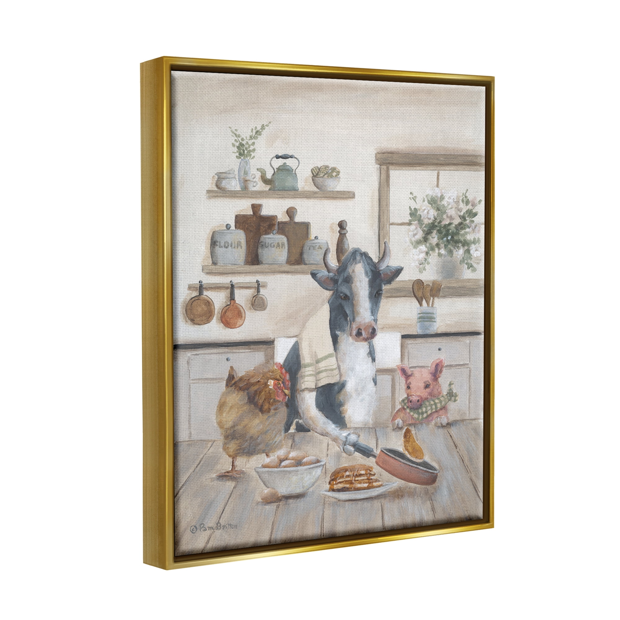 Stupell Industries Farm Animals in Kitchen Animals & Insects Painting Gold Floater Framed Art Print Wall Art, 17 x 21