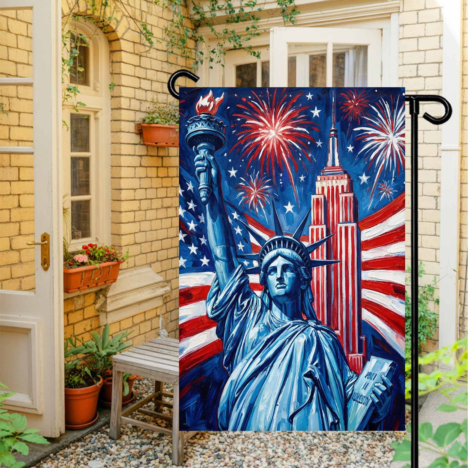 4th of July Garden Flags Statue of Liberty Garden Flag Double Sided Welcome Flag USA Flag Fireworks Cityscape Independence Day Yard Flags for Outdoor Lawn Porch Memorial Day Holiday Decor 28x40 Inch