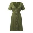 thumbnail image 4 of Summer Saving Wycnly Womens Dresses Casual Solid Elastic Waist Swing Button A Line Shirt Short Sundress Summer Plain V-Neck Short Sleeve Formal Mini Dress Army Green XXXXL, 4 of 5