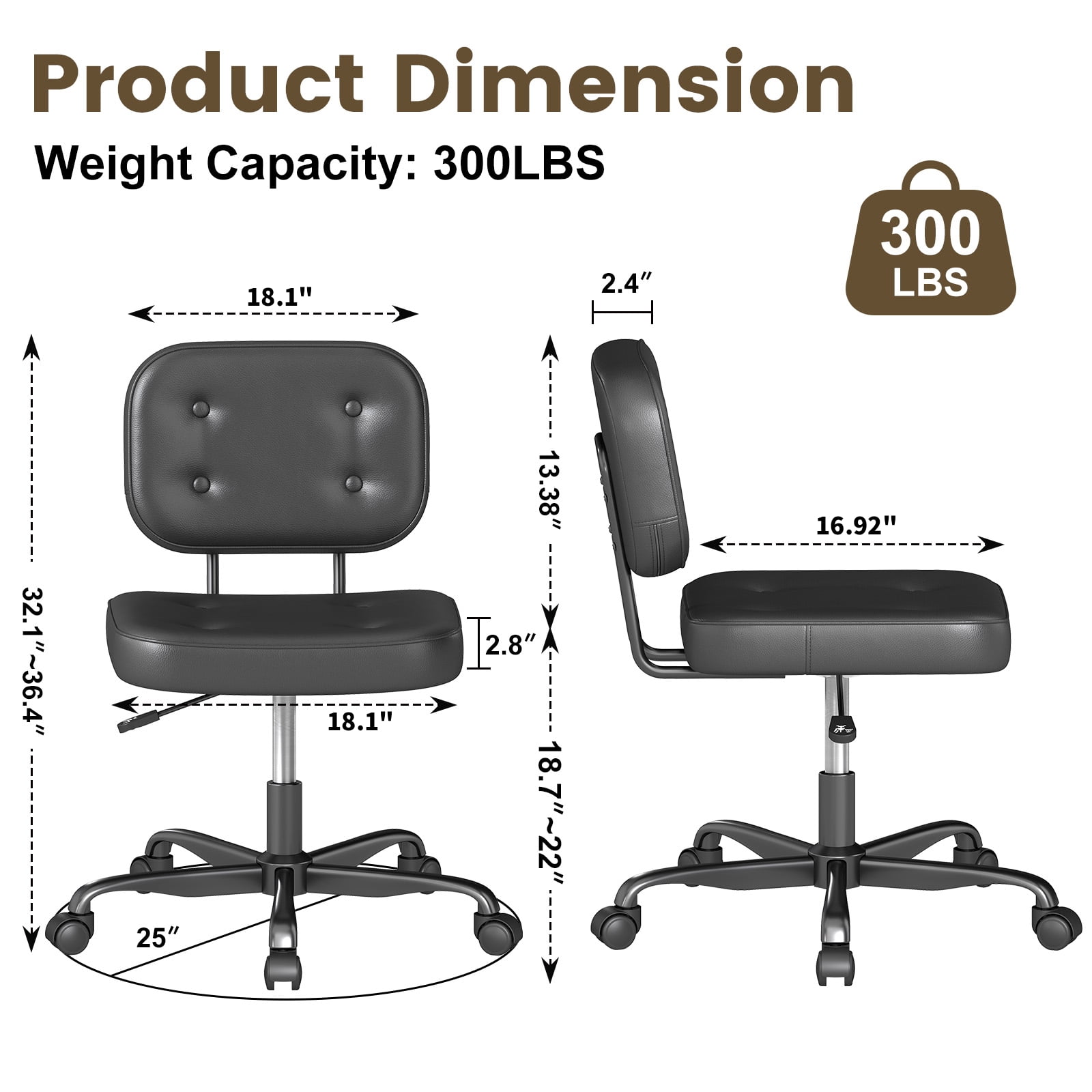 YERAIRR Armless Office Chair with Wide Seat,Home Computer Desk Chair Thickened Cushion PU Leather Swivel Upholstered Vanity Chair