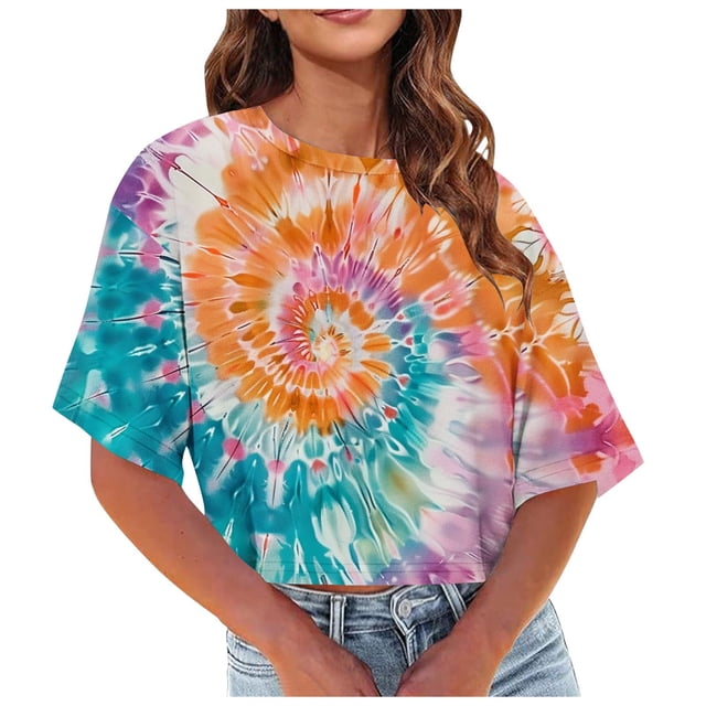 Posijego T-Shirts Teinture sur Nœuds pour Femmes, tee-Shirt Graphique pour Femmes, Été Décontracté, Col Rond, Manches Courtes, Crop Tops