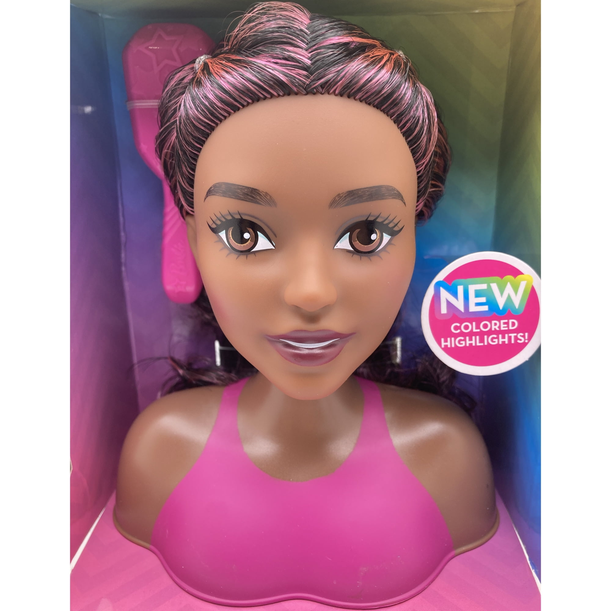 Barbie Mini Styling Head - Dark brown with Black hair and Colored Highlights with Pink Brush