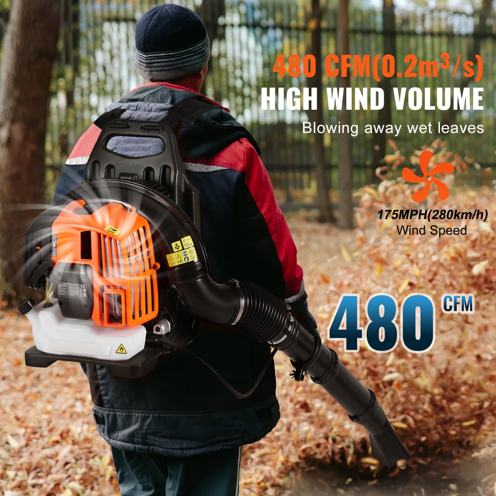 KFFKFF Rucksack Leaf Sweeper, 52CC Dual-Cycle Leaf Sweeper with 1.37L Gasoline Reservoir, 480CFM Air Capacity 175MPH Velocity, Suitable for Grass Maintenance, Leaf Disposal, and Snow Clearing