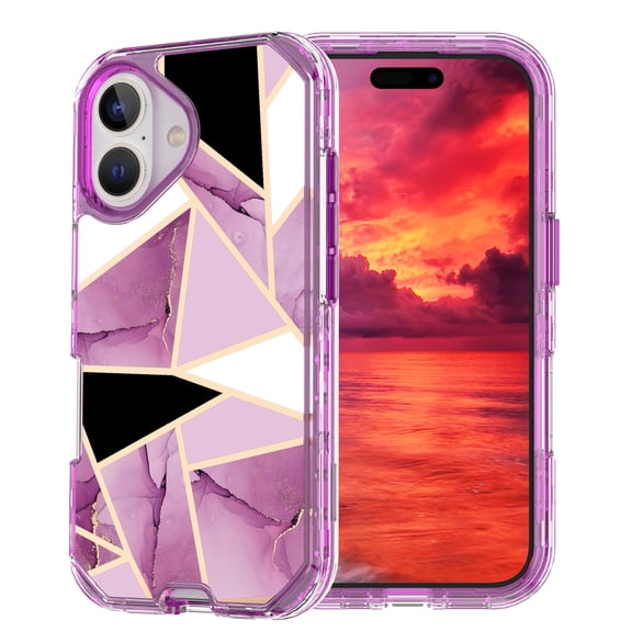 Allytechgroup for iPhone 16 Case, 3 Layers Protection Slim Lightweight Shockproof Soft TPU & Hard Back Protective Bumper Cover Marble Shell, O