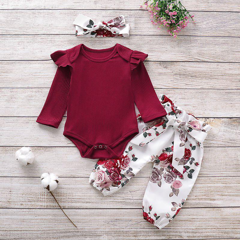 Long Toddler Girls Baby Romper Tops Floral Pants Headband Outfits Set Clothes 