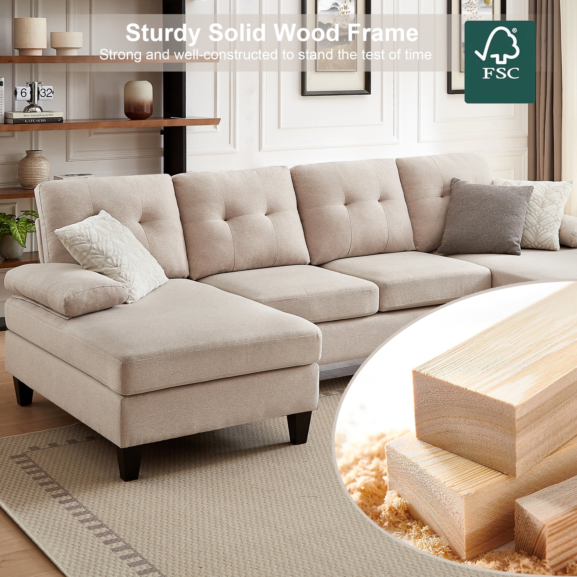 Soscana 105" Sectional Sofa U Shaped Couch with Double Chaises, Modern Linen Sofa Oversized 4 Seater Couch for Living Room, Apartment, Office, Studio