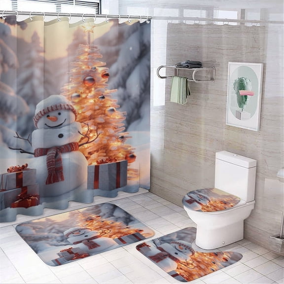 Christmas Snowman Snow House 4 Piece Shower Curtain Sets, Non-Slip Rugs, Toilet Lid Cover And Bath Mat, for Bathroom Decor Set, 72" X 72"
