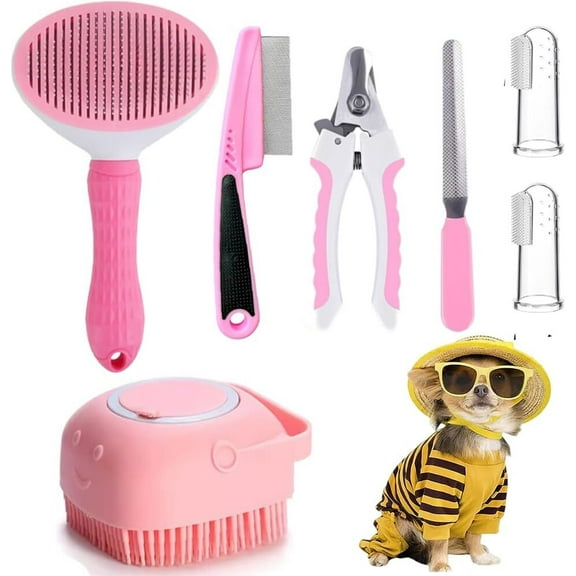 7Pcs Cat Dog Brush Grooming Kits, Self-Cleaning Slicker Brush, Pet Nail Clipper