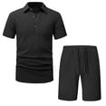 thumbnail image 5 of RYRJJ Men's 2 Pieces Cotton Linen Set Casual Short Sleeve Button Up Polo Shirts Beach Yoga Shorts Summer Outfits(Black,L), 5 of 5