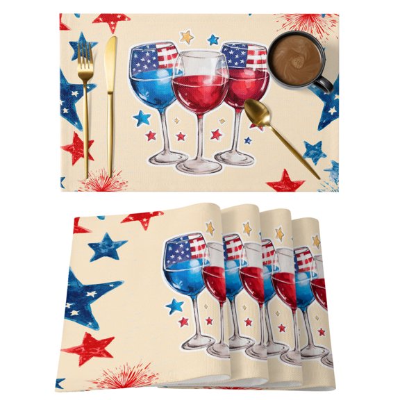 Independence Day Wine Placemats Set of 1, 4th of July American Flag Red Blue Star Firework Non-Slip Place Mats Washable Table Mats for Kitchen Dining Table Decorations Indoor/Outdoor