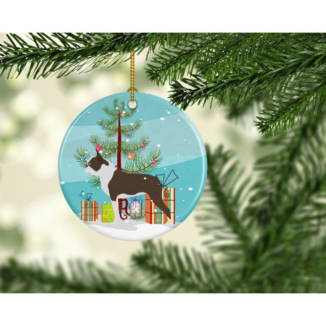 Boston Terrier Merry Christmas Tree Ceramic Ornament