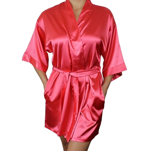 Women's Satin Kimono Bridesmaid Short Robe With Pockets - Silky Feel Modern Cut