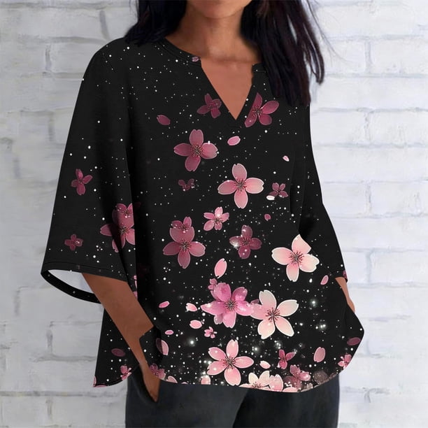 Xuyuer Women's 3/4 Length Sleeve Tops V Neck Casual Vacation Loose Fit S-5XL Ruffle Cuffs Shirts Dressy Flowy Tunic Tops Hawaiian Shirts Summer Floral Printed Shirt Casual Soft Tunic Tops