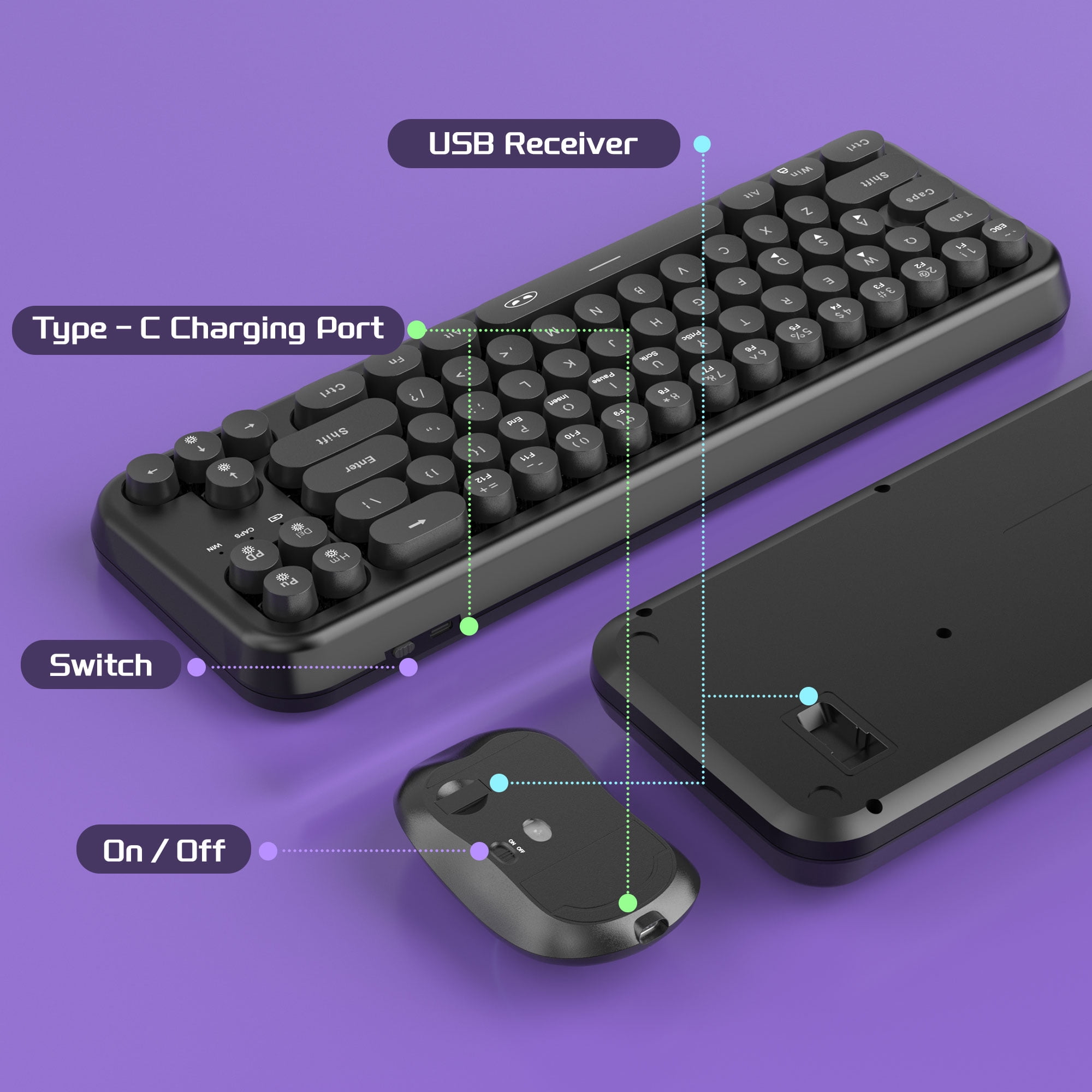 60% Retro Typewriter Round Wireless Keyboard and Mouse,2.4G RGB Backlit Keycaps Compact 68 Keys Keyboard Quiet Light Up Letters with Mouse for Computer Mac Windows PC Laptop