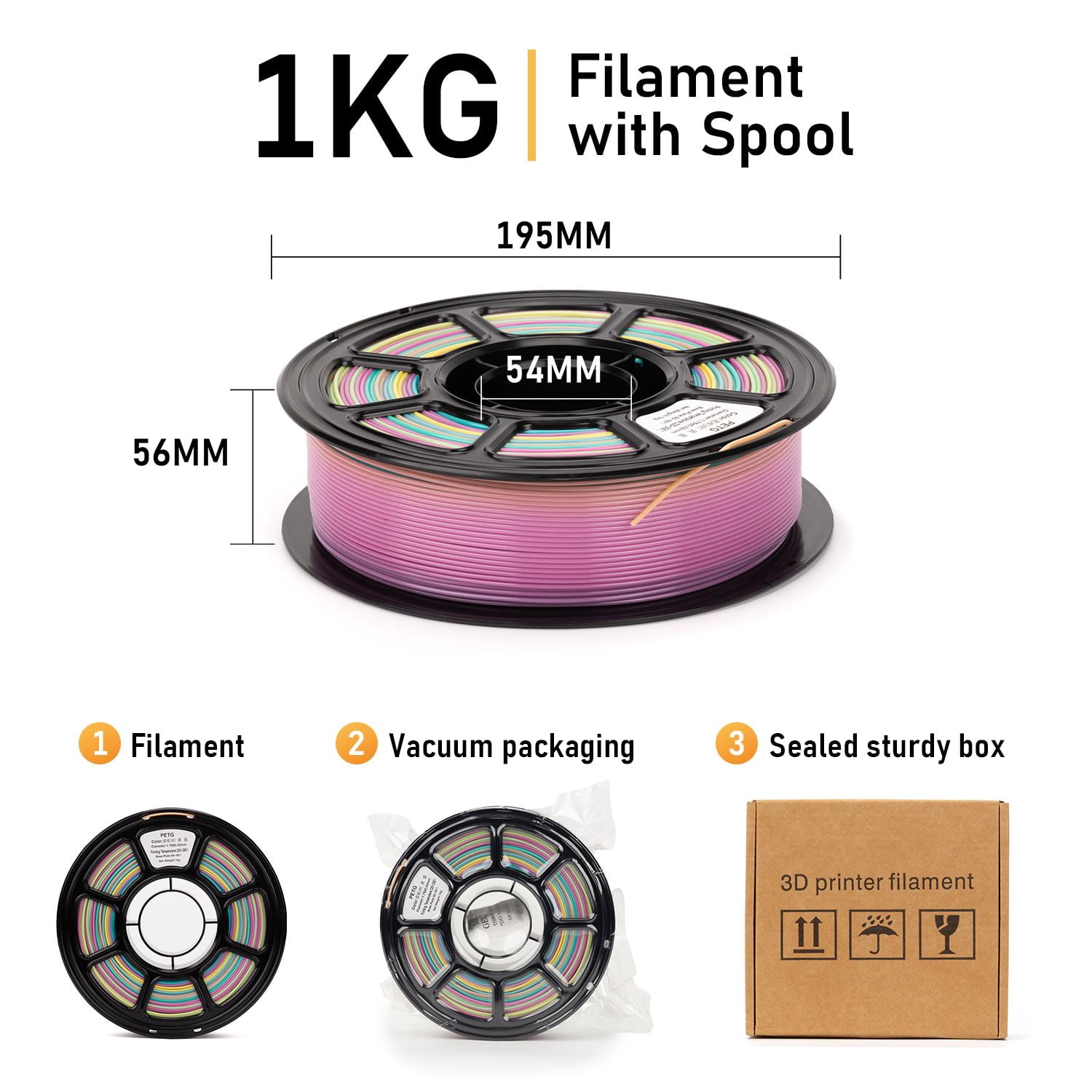 Brakzilon Rainbow PETG Filament 1.75mm Multicolor 3D Printer Filament Color Change Gradient FDM Filament 1kg Spool for DIY Printing