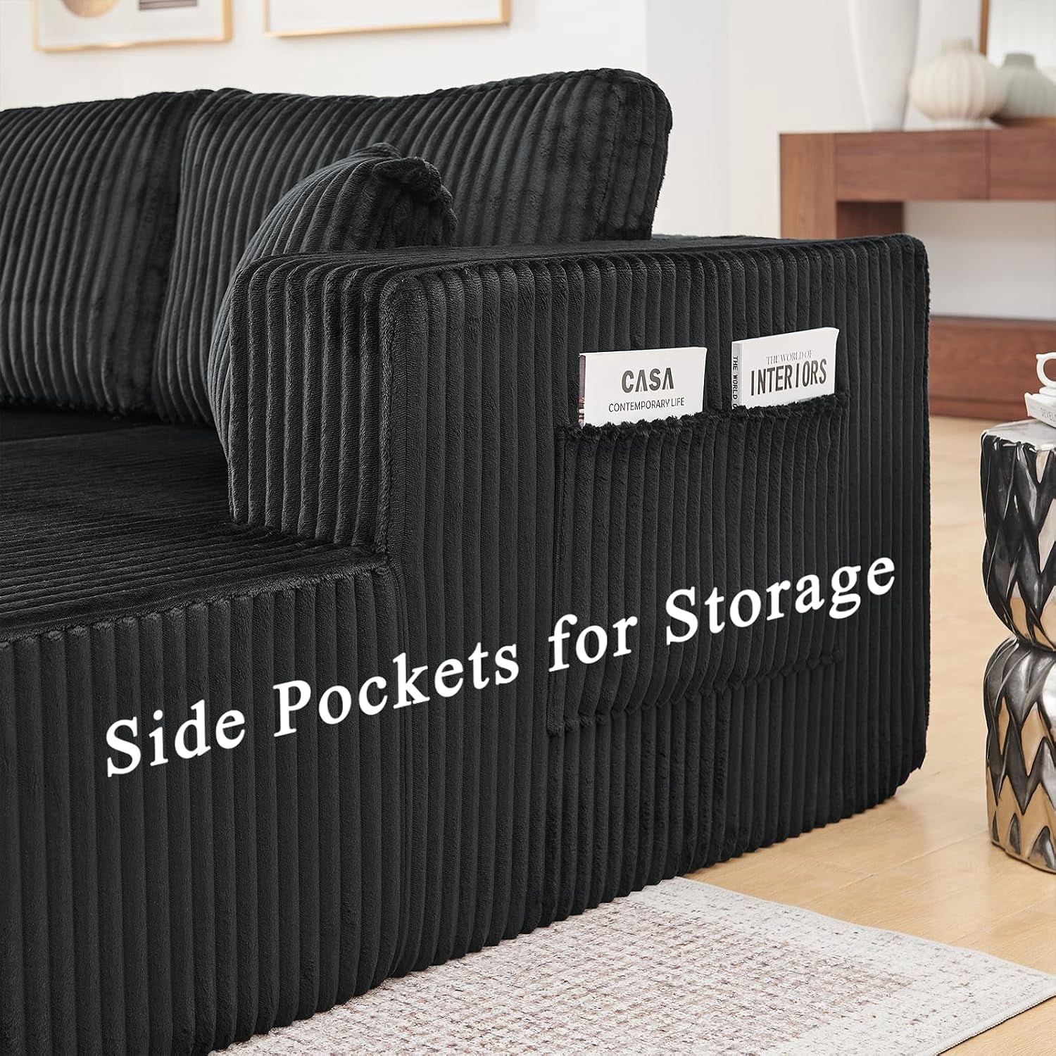 Howcool 132" Boneless Cloud Sectional Couches for Living Room, U Shaped Couch with Deep Seat Chaise, High Density Foam Compression Sofa, Modular Corduroy Sleeper Sofa Bed,No Assembly,Black