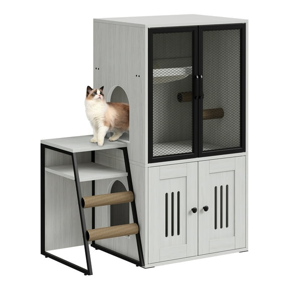 Roromall Cat Litter Box Enclosure for 2 Cats, Double Cat House with Doors & Storage Space, Enclosed Litter Box Furniture with Ladder
