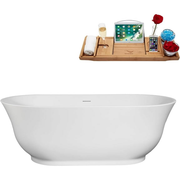 67" Streamline B-208-09-WH Soaking Freestanding Tub and Tray With Internal Drain in Glossy White