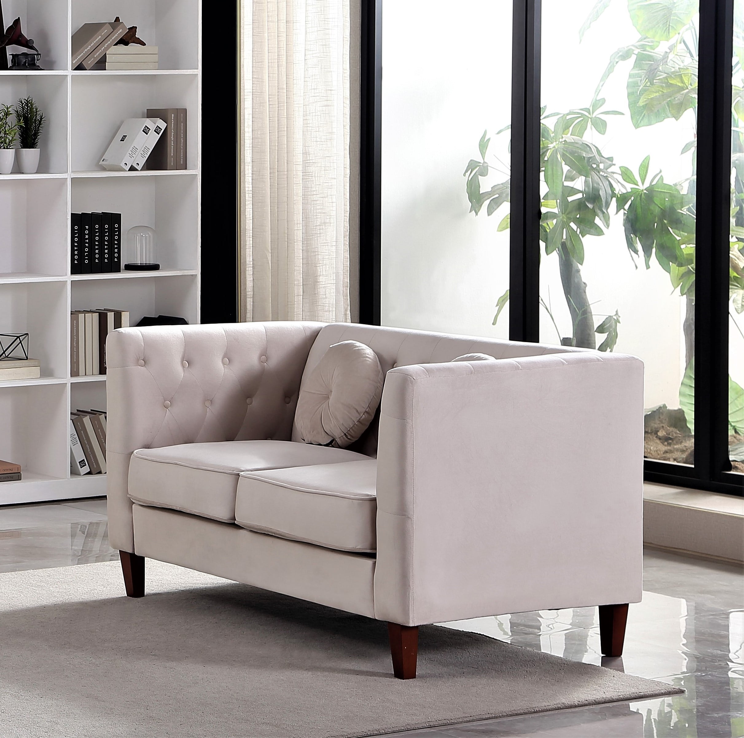 Uspridefurniture Tufted Square Design Velvet Loveseat, Beige