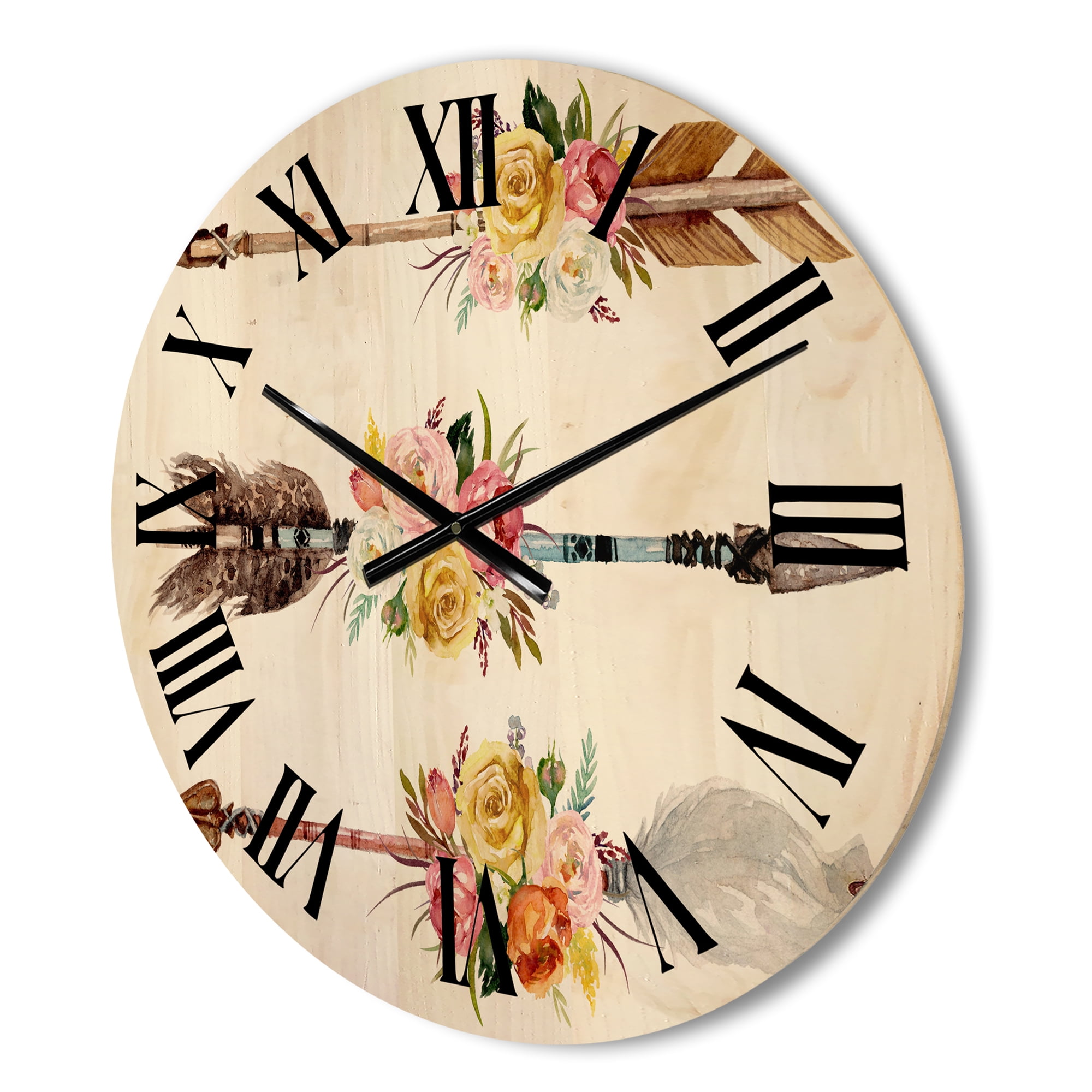 Designart 'Flowers and Ethnic Feathers On Native Arrows II' Bohemian & Eclectic Wood Wall Clock