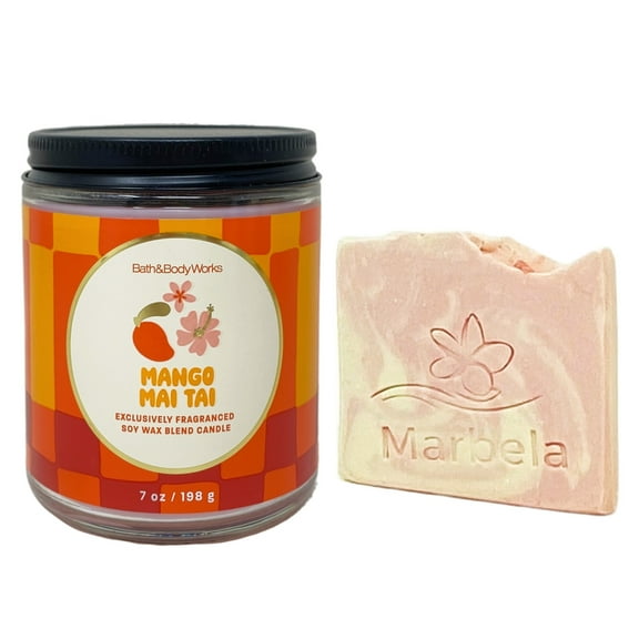 Bath & Body Works Mango Mai Tai 7 oz Single Wick Candle with a Himalayan Salts Springs Sample Soap