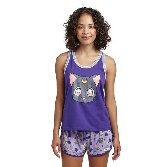 Sailor Moon Luna Cat Women's Racerback Tank Sleepwear Set With Dolphin Short-XXL
