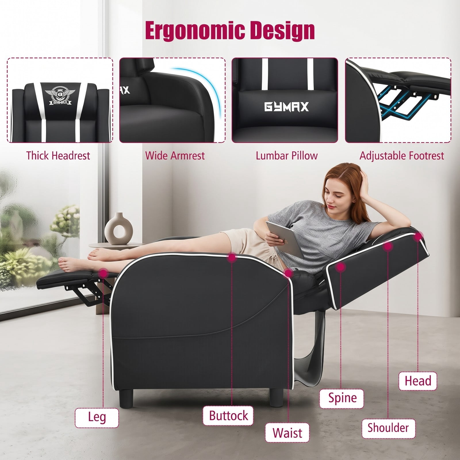 Furnibear Massage Gaming Recliner Chair, Ergonomic PU Leather Racing Style Reclining Sofa with Footrest, Lumbar Massage, Headrest Pillow and Remote for Home, White