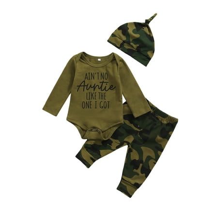 

Sunisery Baby Boys Clothes Set Letter Print Romper+Camouflage Trousers+Pointed Hat Outfits Set Green Auntie 6-12 Months