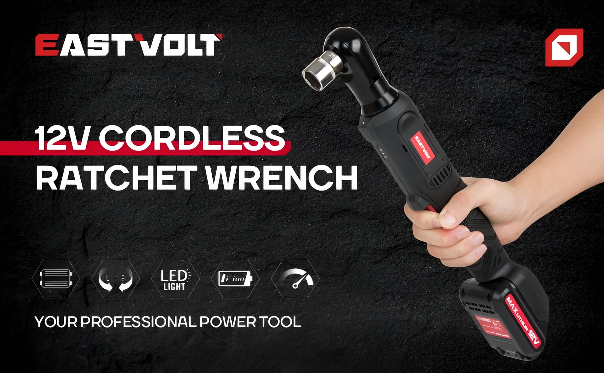 Eastvolt EVRW1202B, 3/8" Cordless Electric Ratchet Socket Wrench & Set, 14 Pieces