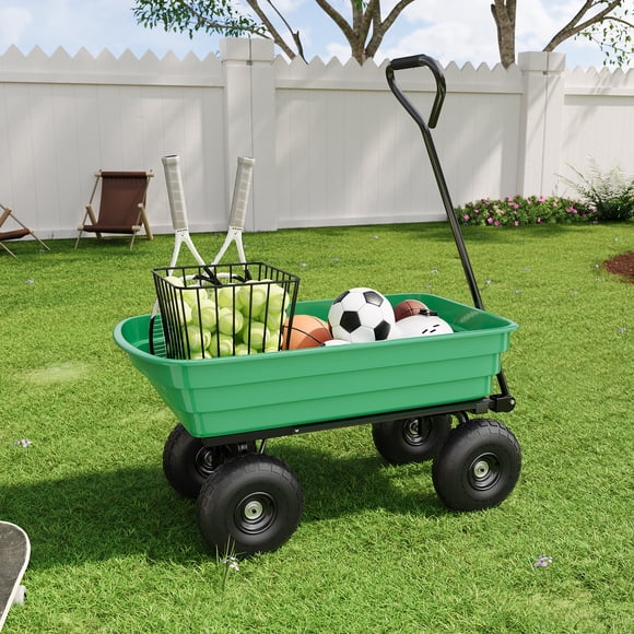 Edtara 4 Cu.Ft. Garden Dump Cart With 600 Lb Capacity, Durable 4-Wheel Yard Cart Equipped With 10-Inch All-Terrain Tires and Quick-Release Dump System for Efficient Gardening or Farm Tasks