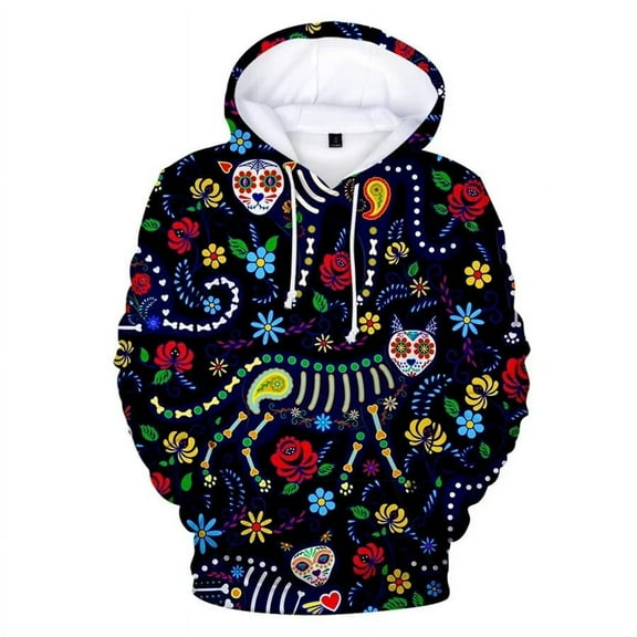 Print Unisex Hoodie Day of the Dead Hoodie All Over Cat bone (L)