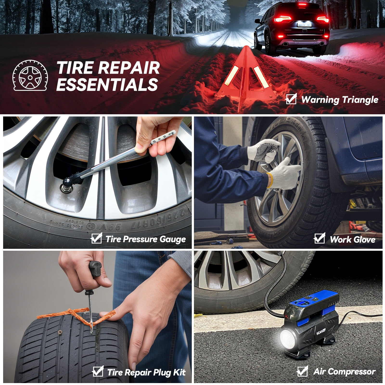Car Emergency Safety Kit with Digital Air Compressor, Jumper Cables, First Aid & Detachable Snow Shovel for All Drivers