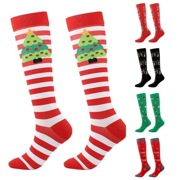 XIAONU Elastic Striped Christmas Tree Print Knee High Socks for women