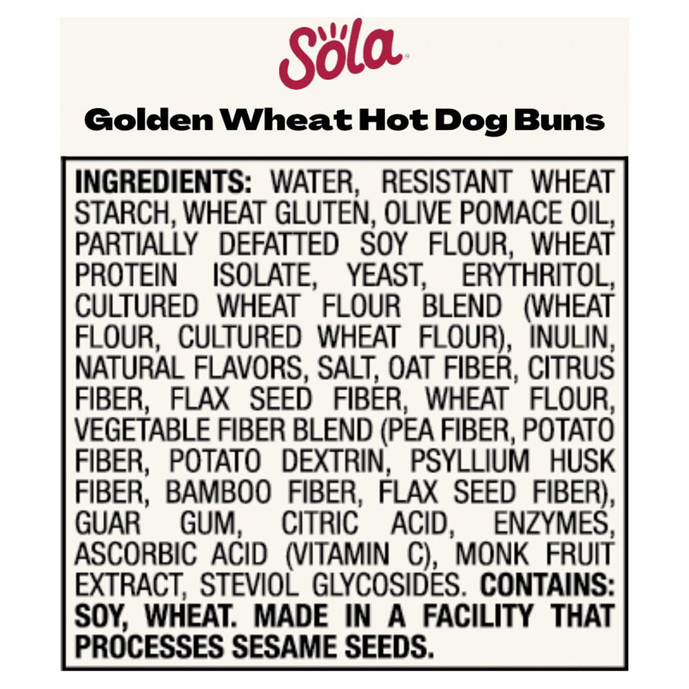 Sola Golden Wheat Hot Dog Buns, Non-GMO, 9 oz, 4 Count