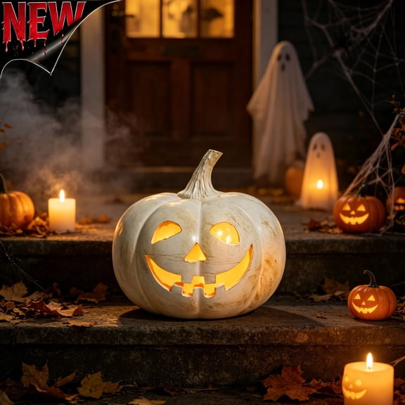 Tryvkinvive White Distressed Jack O Lantern LED Light 6.7",Light Up Pumpkin Decor,Halloween Decoration for Porch Steps Desktop Indoor Outdoor