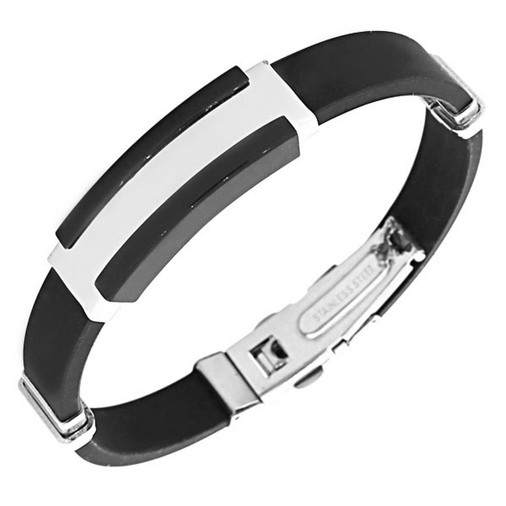 EDFORCE Stainless Steel Black Rubber Silicone Silver-Tone Men's ...