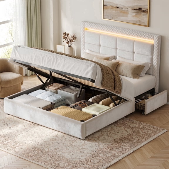 Lift Up Storage Bed Frame Queen Size with 2 Drawers Platform Bed Frame with Upholstered Tufted Headboard & LED Light,Biege