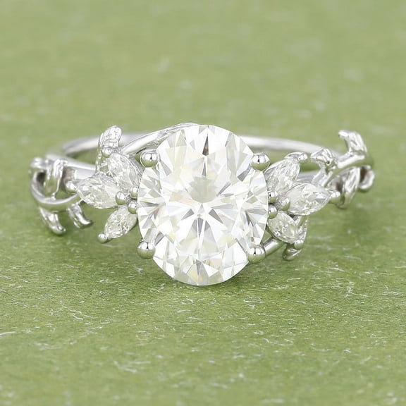 Blue Jewel Oval Cut 2.1 Ct Excellent Lab Created Diamond Ring - 14K White Gold Plated Anniversary Silver Ring for Women's - Leafy Shape Diamond Wedding Swirl Ring - Daily Wear Fine Jewelry