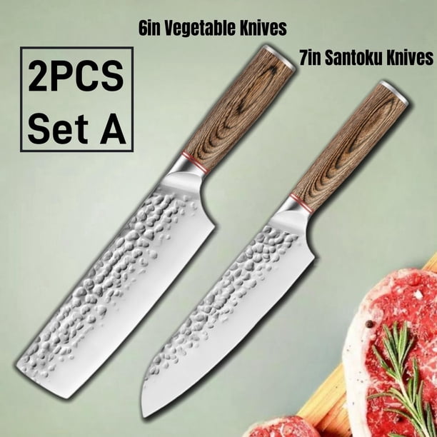 Juego de 2 Cuchillos de Cocina Forjados, Cuchillos de Chef Japoneses, Cuchillo de Carne Martillado a Mano con Mango de Madera