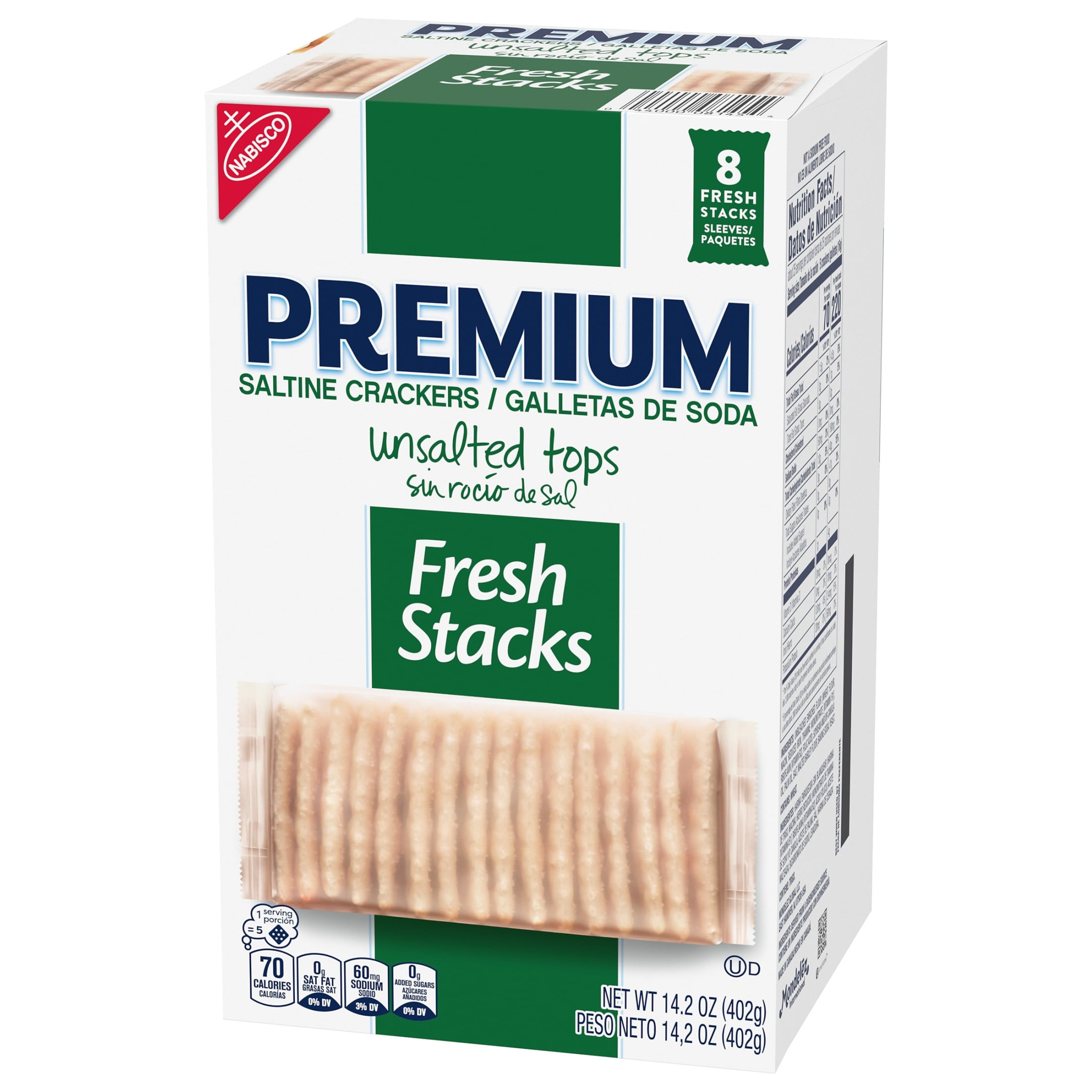 Premium Fresh Stacks Unsalted Tops Saltine Crackers, Travel Snacks, 14.2 oz (8 Multi Snack Packs)