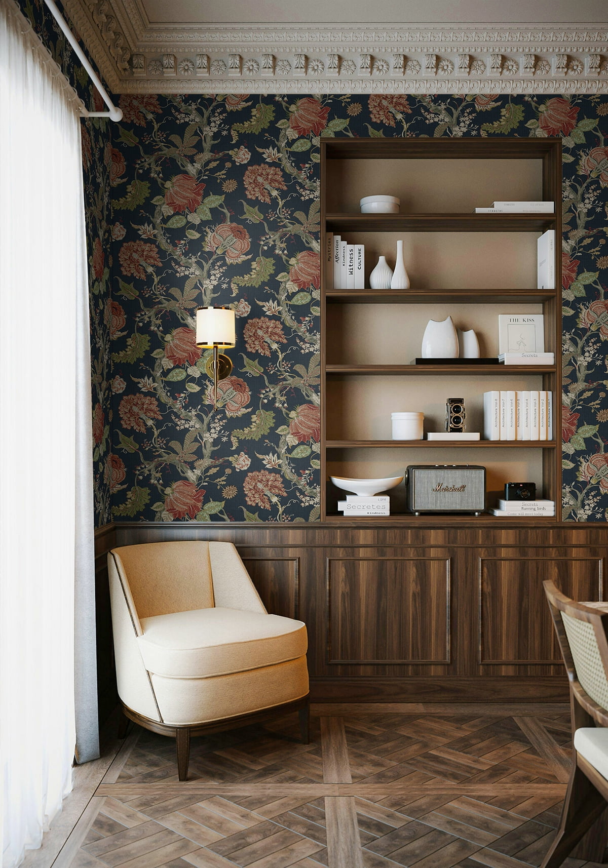 Harry & Grace Midnight Blue & Carmine Jacobean Trail Premium Matte Non-Woven Peel and Stick Wallpaper - 20.5 in. W x 18 ft. L Roll