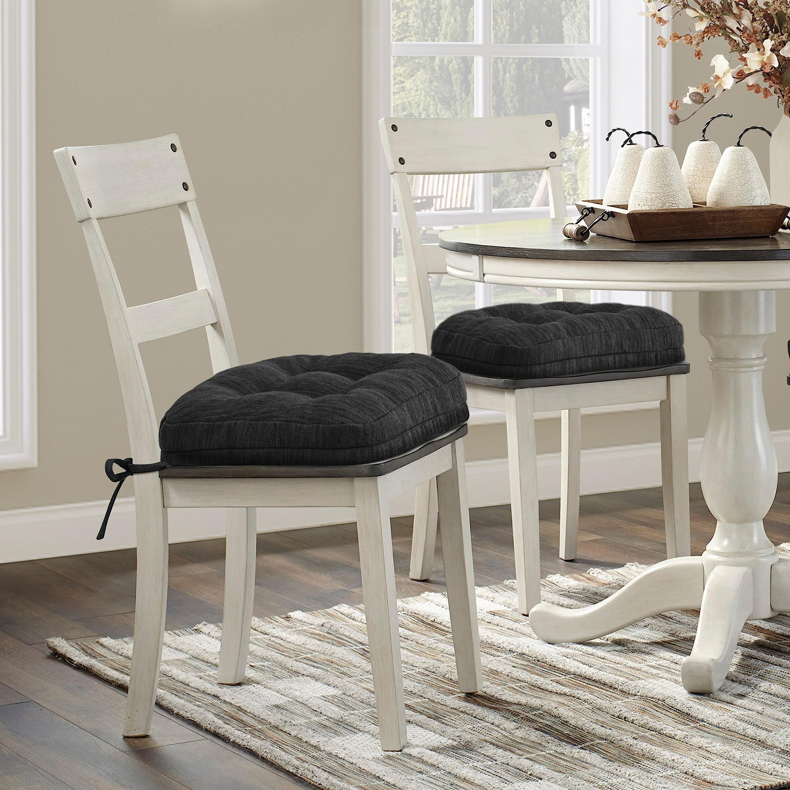 Shinnwa Chair Cushions 3.5" Thick Tufted Memory Foam Kitchen Chair Cushions Set of 2 Dual-layer Indoor Seat Cushions, 16.5" X 16.5", Non-Slip, Black