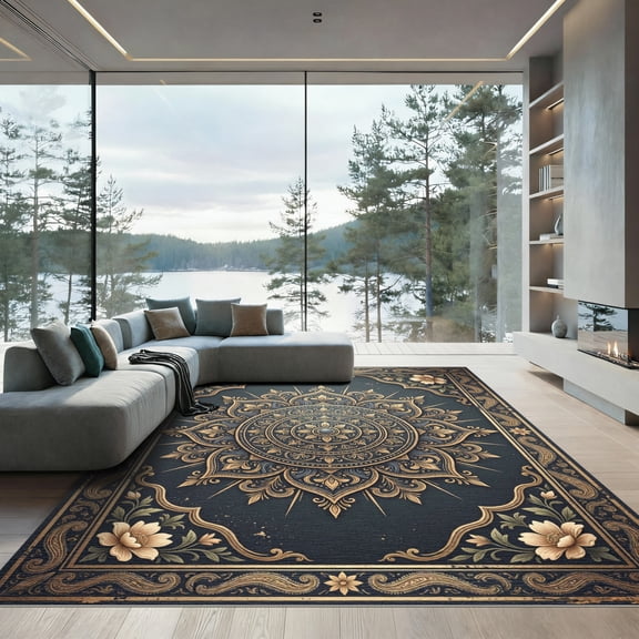 ODIKA 4'x6' Machine Washable Non-Slip Area Rug, Oriental Gold High Traffic Rug, Blue, 1234668