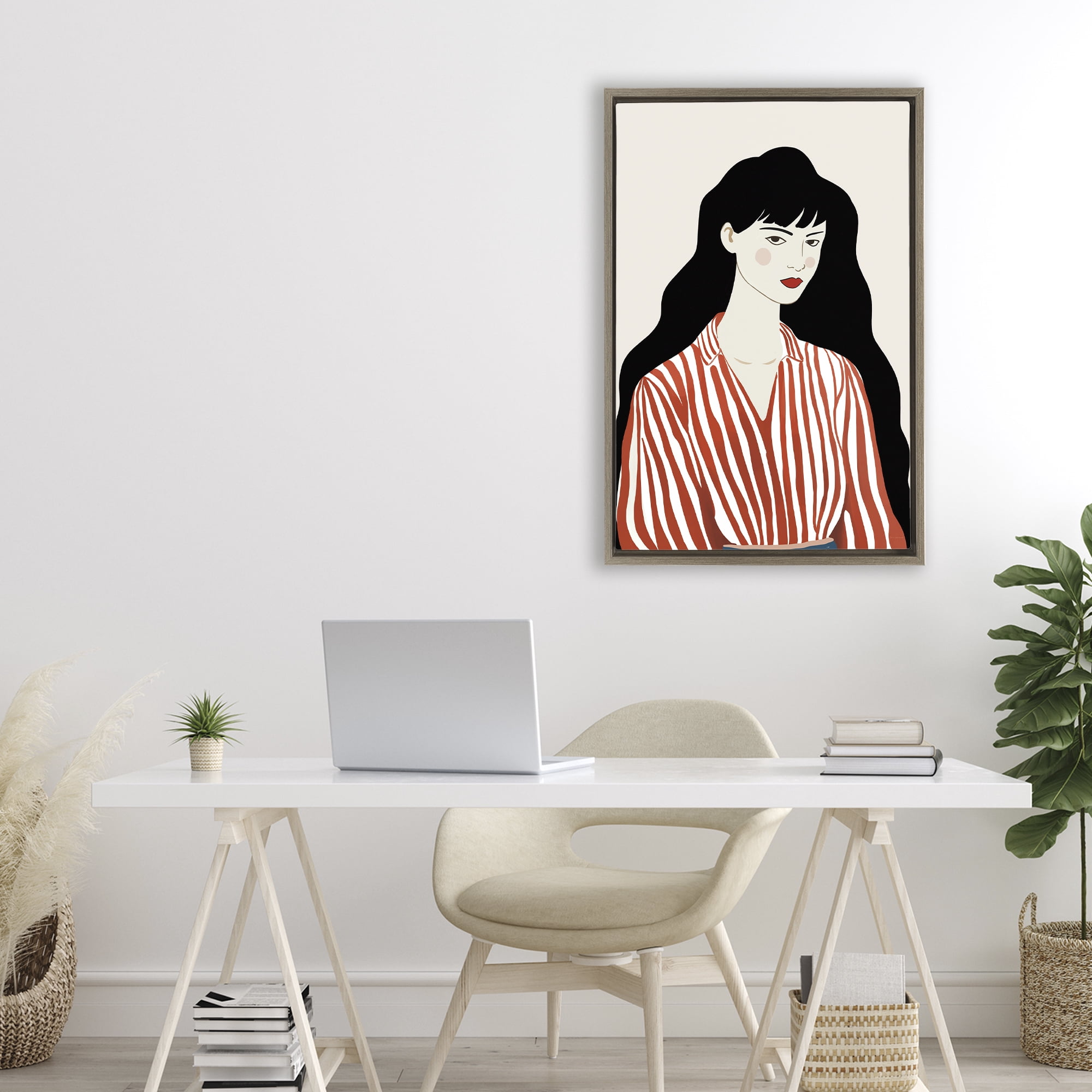 Stupell Industries Woman in Striped Blouse Brown Framed Floater Canvas Wall Art, design by Omar Escalante