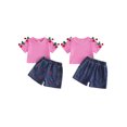 thumbnail image 2 of BemeyourBBs Toddler Baby Girl Summer Clothes 2 Piece Denim Outfits Short Sleeve T Shirt Tops and Bow Cherry Embroidery Jeans Shorts Set Toddler Girls Spring Summer Outfit, 2 of 9