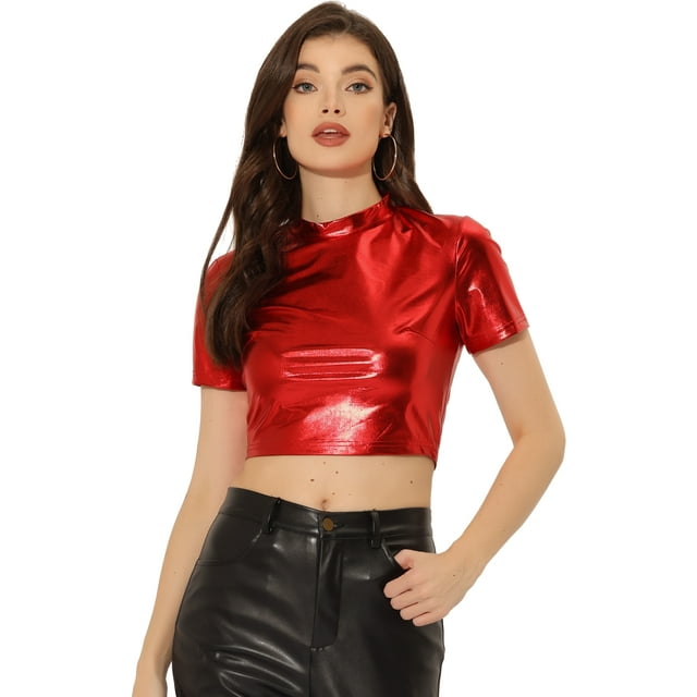 Disfraz de navidad top corto metalizado de manga corta para mujer Allegra K Rojo XS