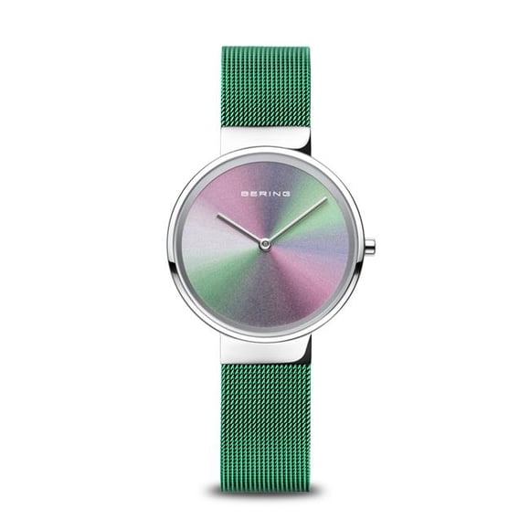 Bering 10X31-Anniversary1 Female Anniversary Polished Silver Mesh Watch with Green Strap