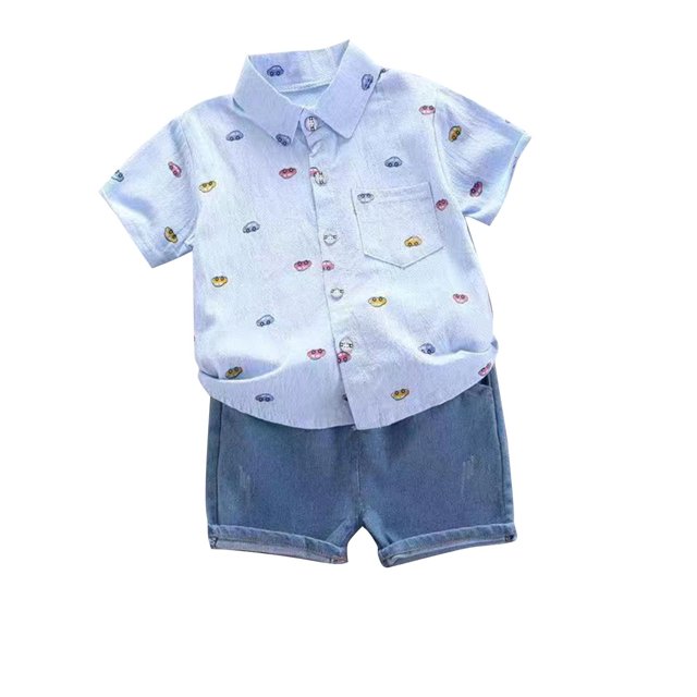 Odeerbi 6M-5Y Niños Trajes de Verano Algodón Manga Corta Camisa Jeans Pantalones Cortos Conjunto Coche Impreso Camisa Denim Pantalones Cortos Dos Piezas