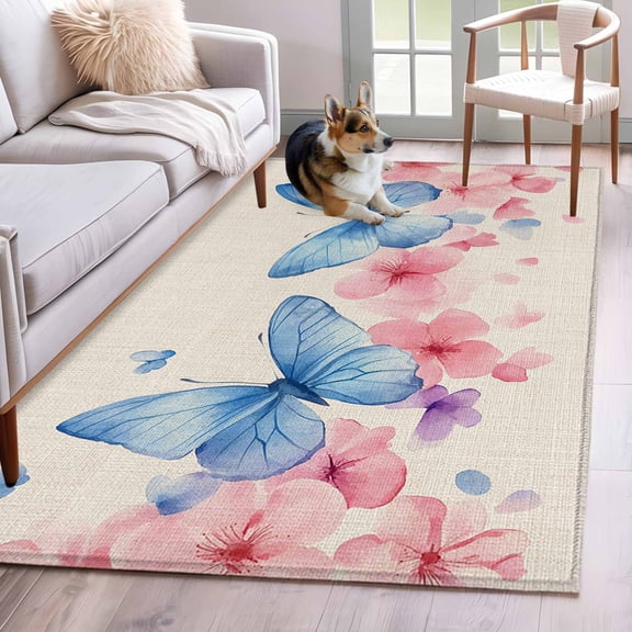 Watercolor Butterfly Area Rug 3x5 Washable Rug Non Slip Vintage Rustic Botanical Flowers Large Area Rug Indoor Floor Carpet for Entryway Bedroom Kitchen Living Room Home Office Dining Room Nursery